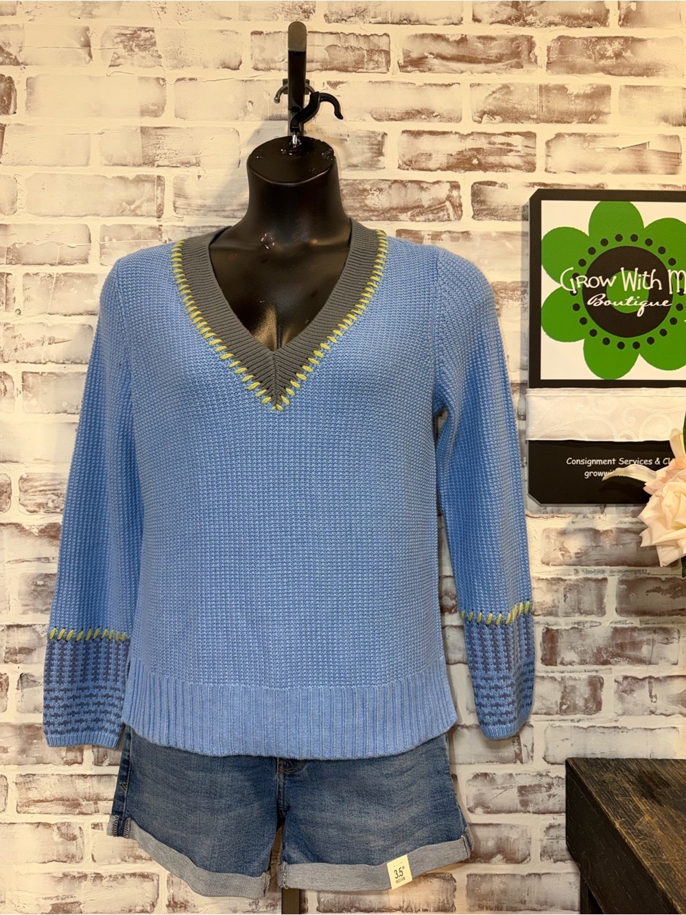 V-Neck Light Blue Women's Sweater with Contrast Trim